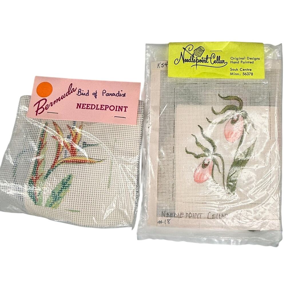 2 Vintage Needlepoint Kits Bermuda Bird Paradise Lady Slipper Hand Painted Yarn
